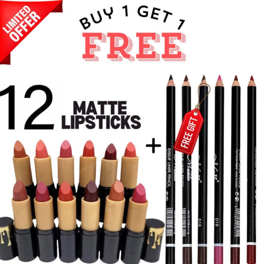 Buy Pack of 12 Matte Lipsticks💄✨ & Get Free 6Pcs Professional Lip Pencils Set